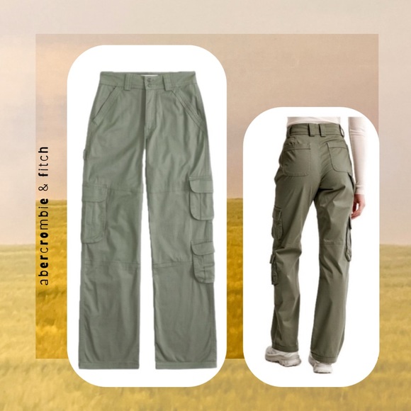 nwot! abercrombie & fitch • high rise army green cargo pants with pockets - Picture 3 of 15